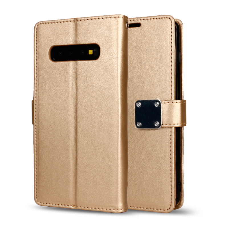 Galaxy S10 Multi Pockets Folio Flip Leather WALLET Case with Strap (Gold)